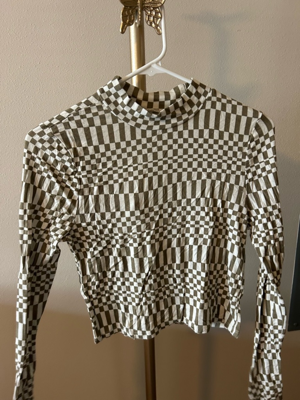 PacSun Checkerboard Long Sleeve Top in Olive Green and Cream